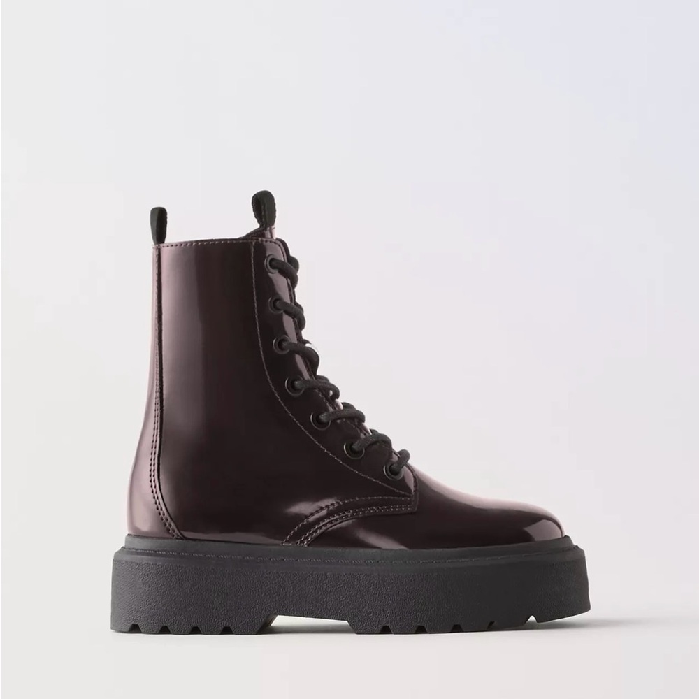 Zara Kids faux patent leather Burgundy Lace-Up Boots